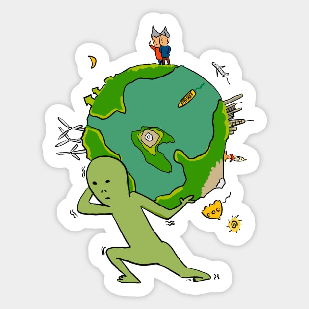 Alien Carrying the Earth on His Back(Colored) Sticker by doteau
